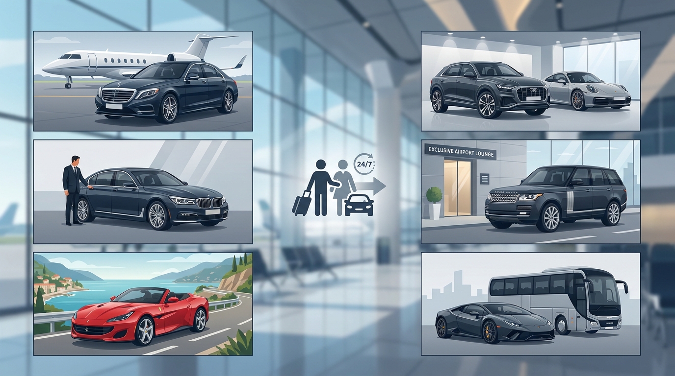Grid showcasing ROLZO's premium fleet options including Mercedes-Benz S-Class, BMW 7 Series, Audi, Porsche, Range Rover, and supercars from Ferrari and Lamborghini