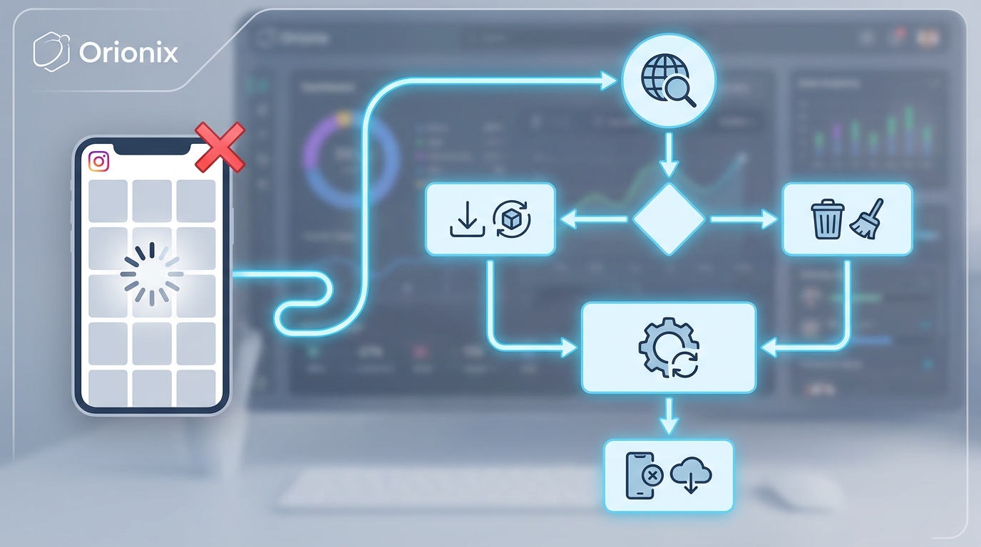 Step-by-step visual diagram showing the troubleshooting flowchart for Instagram feed refresh issues, including decision points like 'Check internet connection', 'Clear cache', 'Update app', and 'Reinstall app' with arrows connecting each step