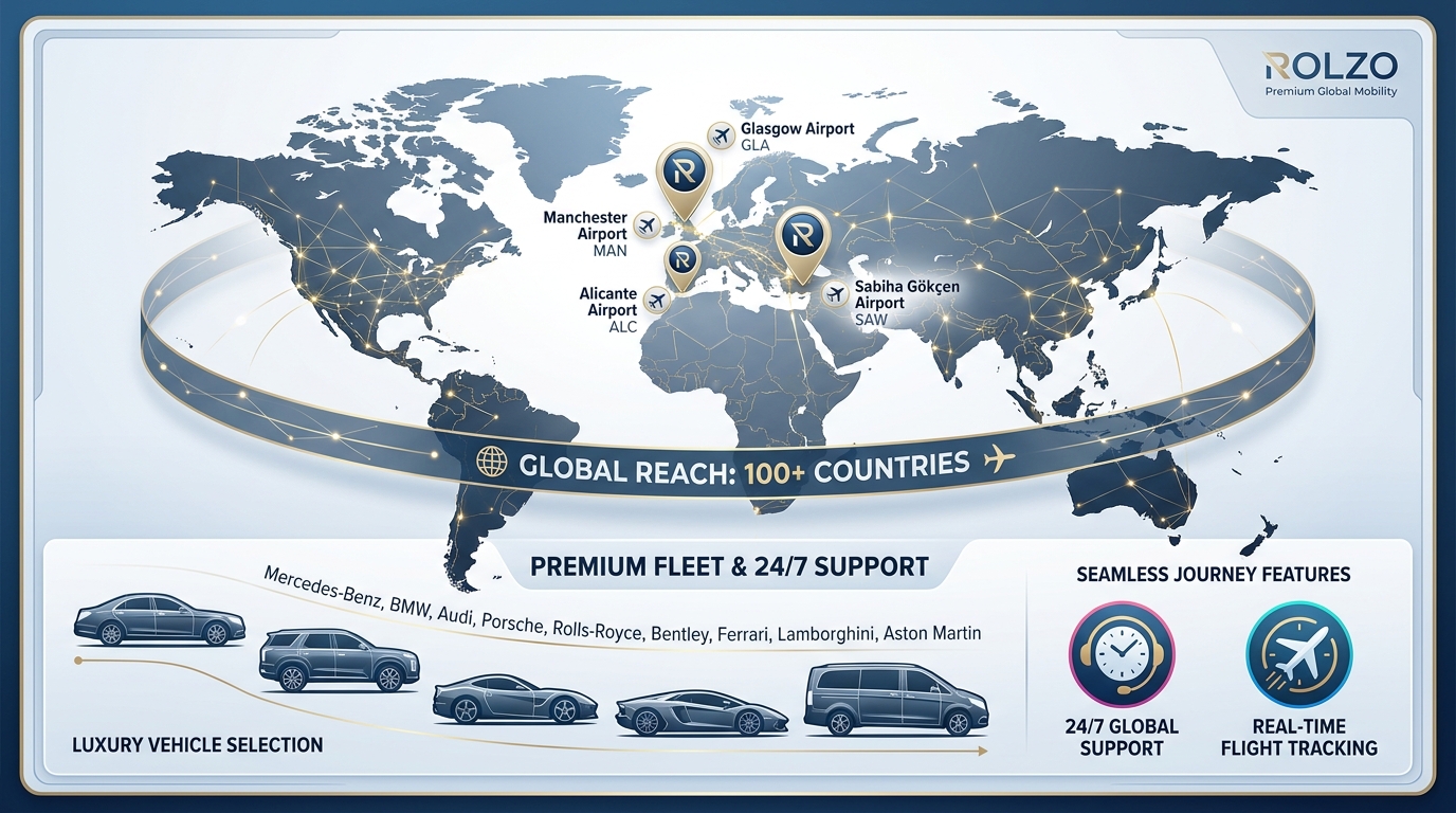 Infographic or map highlighting ROLZO's global reach across 100+ countries with key airports marked (Glasgow, Manchester, Alicante, Sabiha Gökçen) and features icons for real-time flight tracking and 24/7 support