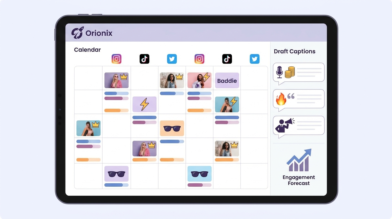 Screenshot-style mockup of a social media content calendar/dashboard showing scheduled baddie posts, draft captions, and optimal posting times across multiple platforms