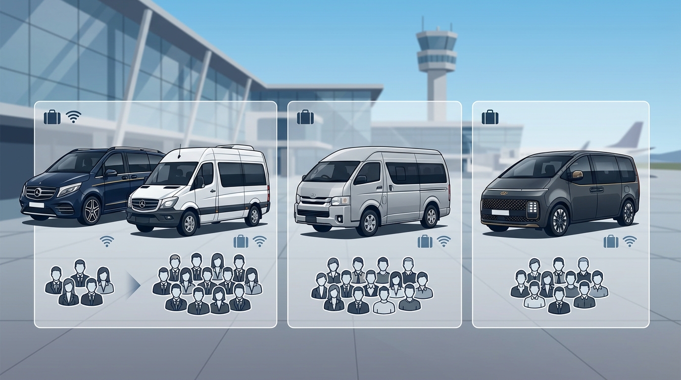 Visual guide showing different group vehicle options with passenger capacity icons (Mercedes-Benz Sprinter/V-Class, Toyota HiAce, Hyundai Staria for 6-15 passengers)