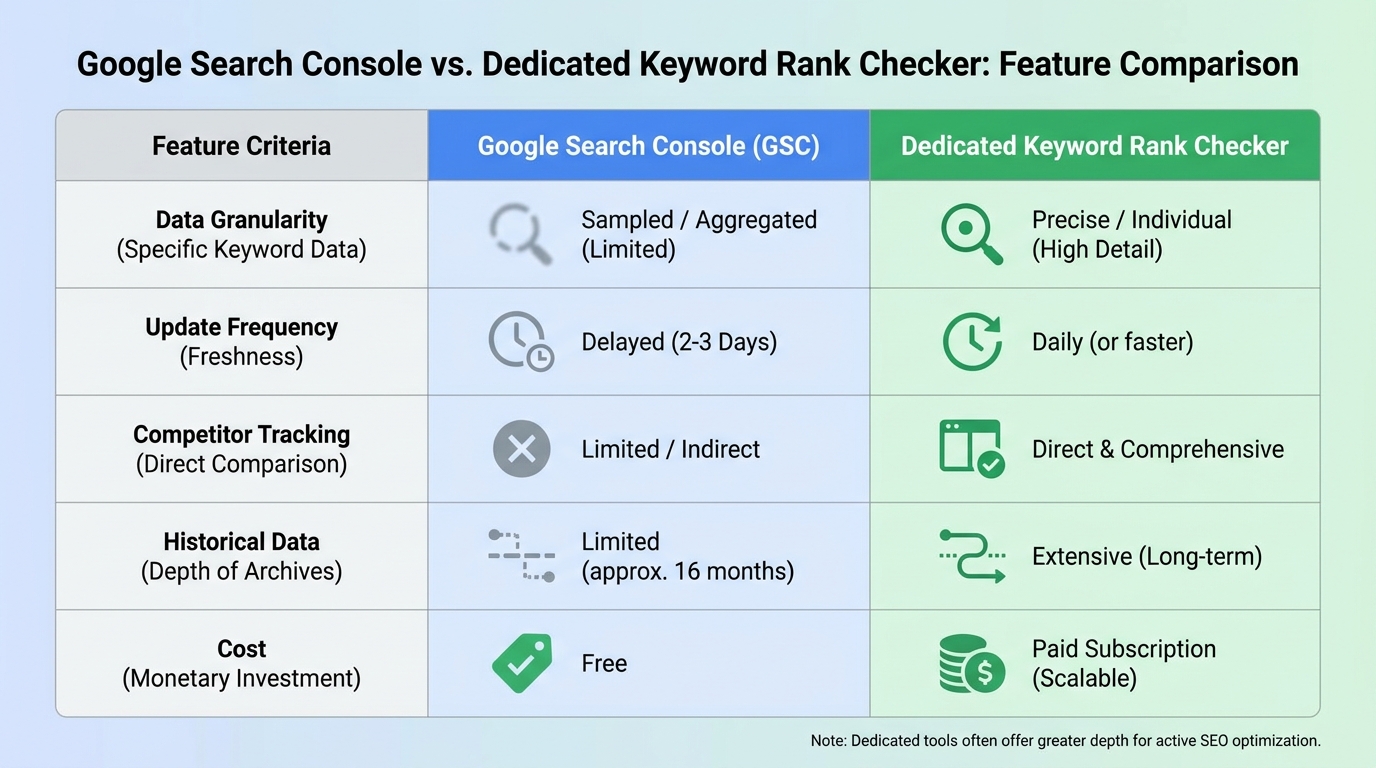 Comparison table showing Google Search Console vs Dedicated Keyword Rank Checker features, highlighting differences in data granularity, update frequency, competitor tracking, historical data, and cost