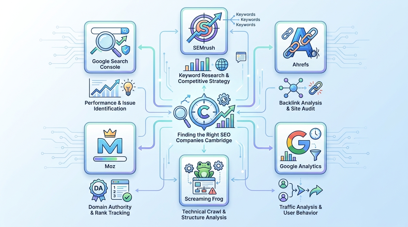 Icon grid or visual diagram showing the main SEO tools mentioned: Google Search Console, SEMrush, Ahrefs, Moz, Screaming Frog, and Google Analytics with their primary use cases