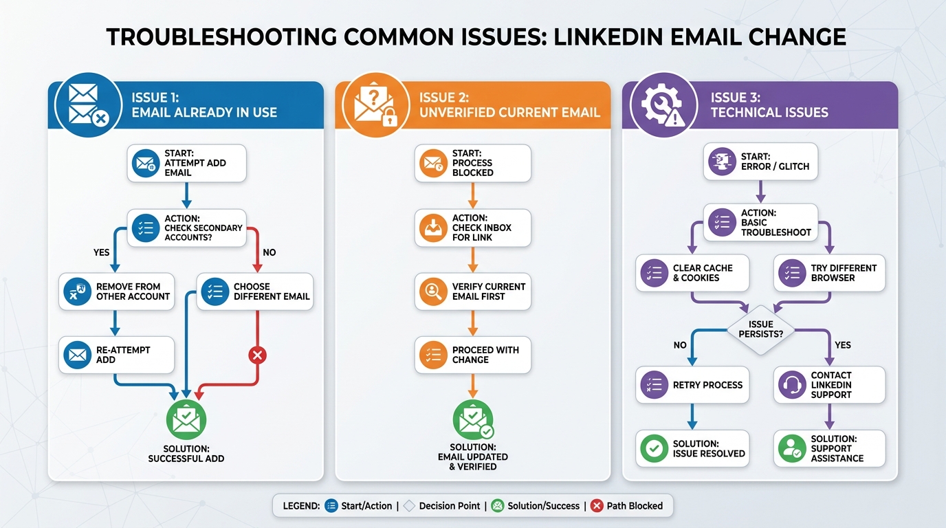 Visual troubleshooting flowchart or decision tree showing common issues (email already in use, unverified current email, technical issues) and their solutions
