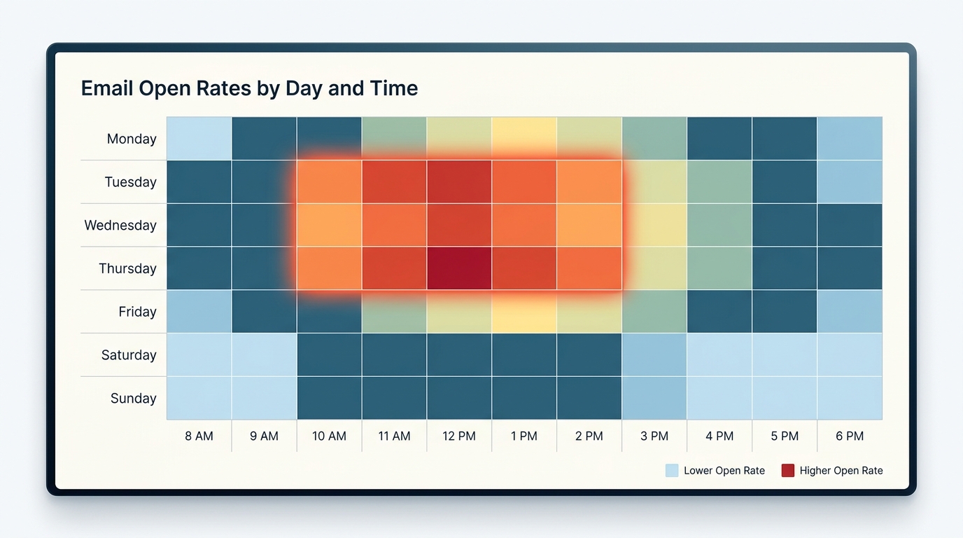 Line graph or heat map showing email open rates by day of week and time of day, highlighting the optimal Tuesday-Thursday 10 AM-2 PM window