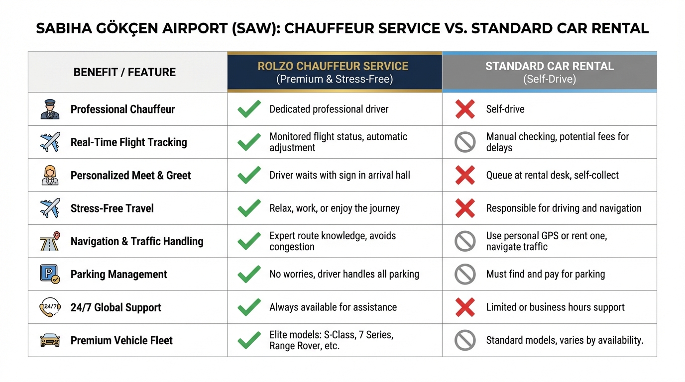 Side-by-side comparison table showing chauffeur service benefits vs. standard car rental (navigation, parking, stress-free travel, flight tracking, meet-and-greet, etc.)