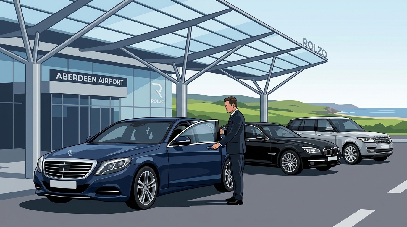 Hero image showing luxury vehicles (Mercedes S-Class, BMW 7 Series, Range Rover) at Aberdeen Airport terminal with professional chauffeur