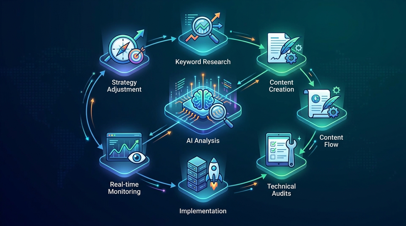 Process diagram showing the automated SEO workflow: AI analysis → keyword research → content creation → technical audits → implementation → real-time monitoring → strategy adjustment