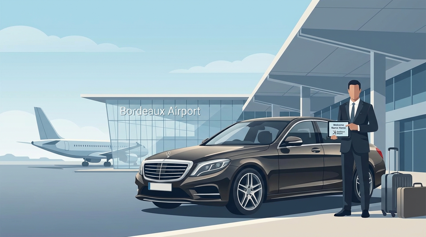 Hero image showing a luxury chauffeur standing beside a premium Mercedes-Benz S-Class or BMW 7 Series at Bordeaux Airport terminal, holding a welcome sign, conveying professional meet-and-greet service