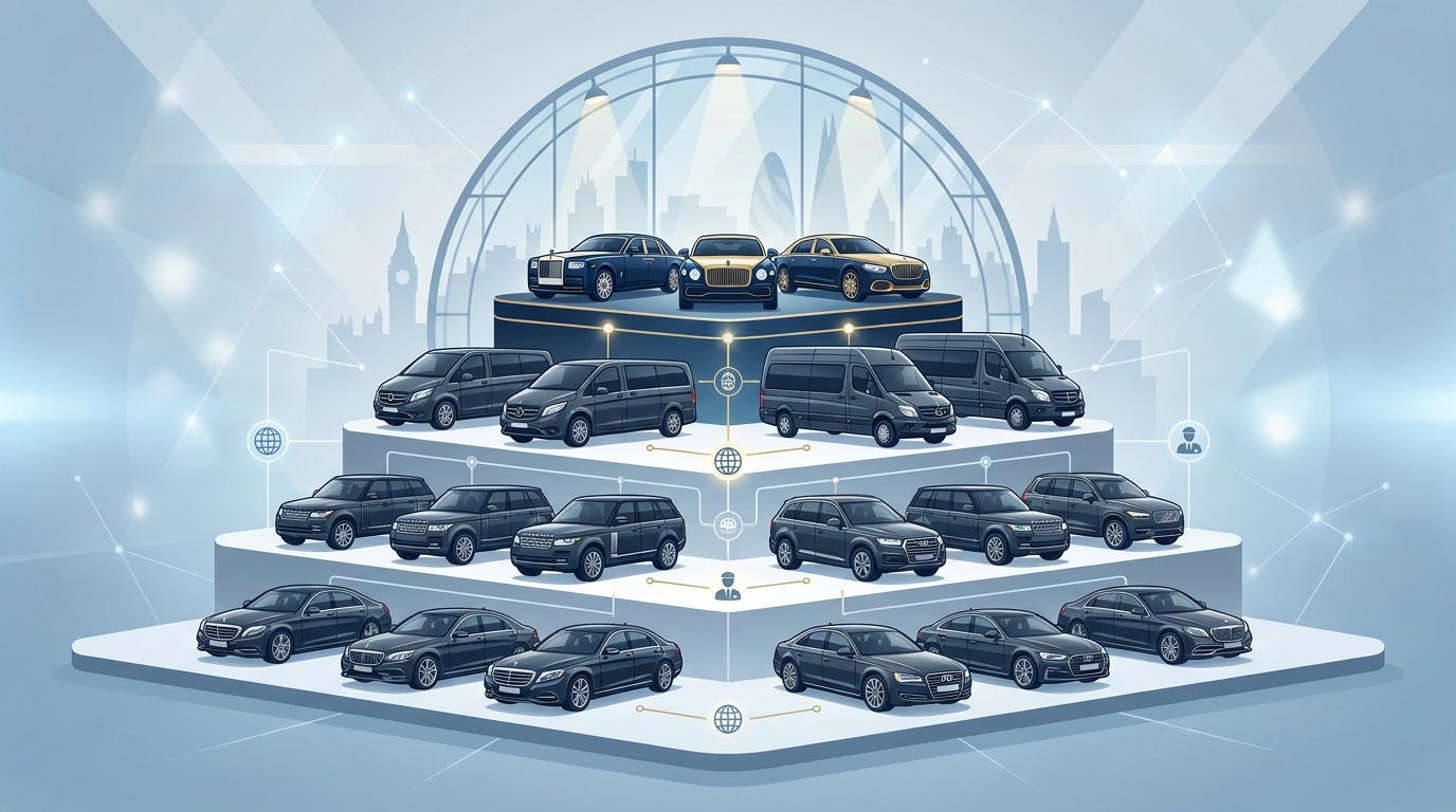 Visual gallery or infographic showing the tiered fleet of luxury vehicles used for chauffeur jobs: executive sedans (Mercedes-Benz S-Class, BMW 7 Series, Audi A8), SUVs (Range Rover), group travel vans (V-Class, Sprinter), and prestige marques (Rolls-Royce, Bentley, Maybach)