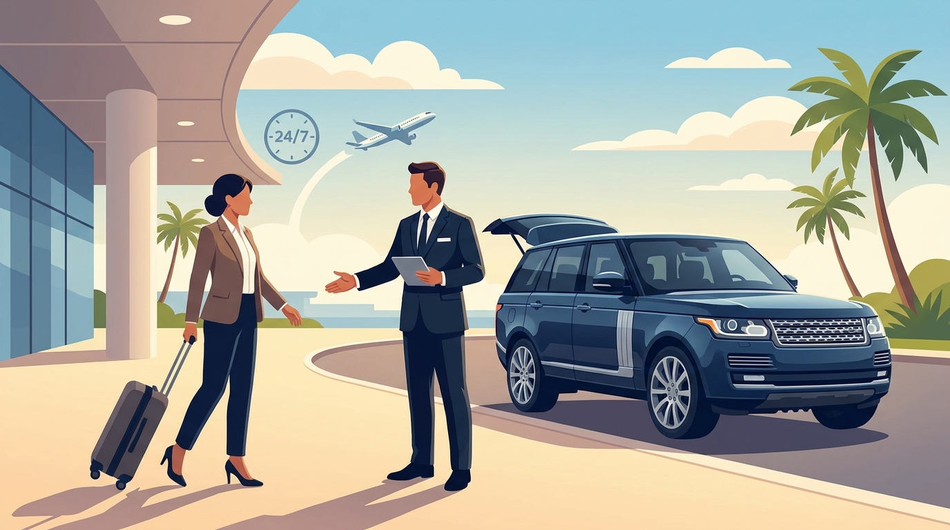 Hero image showing a luxury chauffeur greeting an arriving traveller at Chania International Airport with a premium vehicle in the background, capturing the VIP Meet & Greet experience