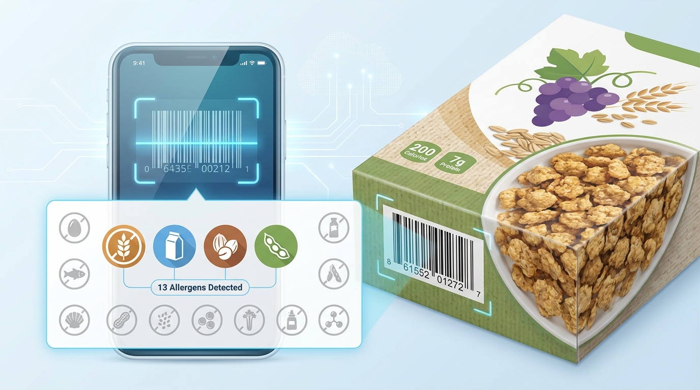 Visual diagram showing smartphone screen with barcode scanning feature highlighting the 13 major allergens detected, including gluten, dairy, nuts, and soy