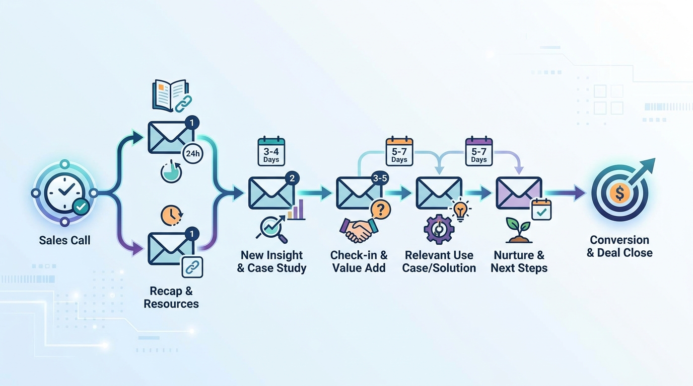Timeline diagram showing the recommended follow-up email sequence: Email 1 (within 24 hours), Email 2 (3-4 days), Emails 3-5 (5-7 days apart), with icons indicating different value propositions for each touchpoint
