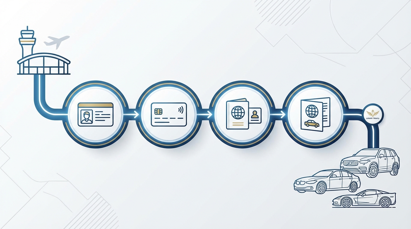 Clean infographic showing the required documents: driver's license, credit card, passport/ID, and International Driving Permit with simple icons for each