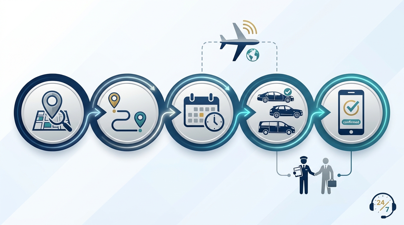 Step-by-step diagram showing the booking process: select pickup location, choose destination, pick date, select vehicle, confirm instantly, with icons for flight tracking and meet-and-greet