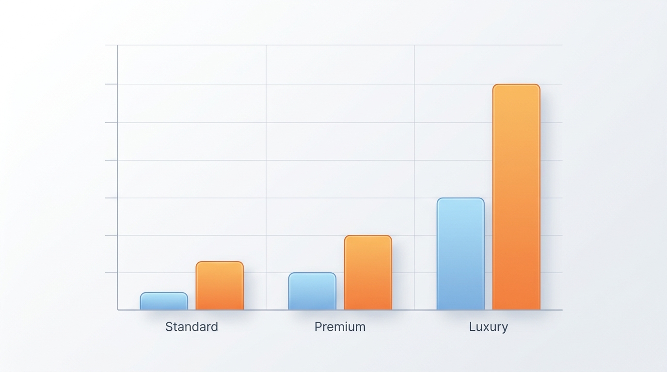 Bar chart comparing daily rental costs across vehicle categories (standard €20-€60/day, premium, and luxury) and showing seasonal price variation between off-peak and peak summer months.