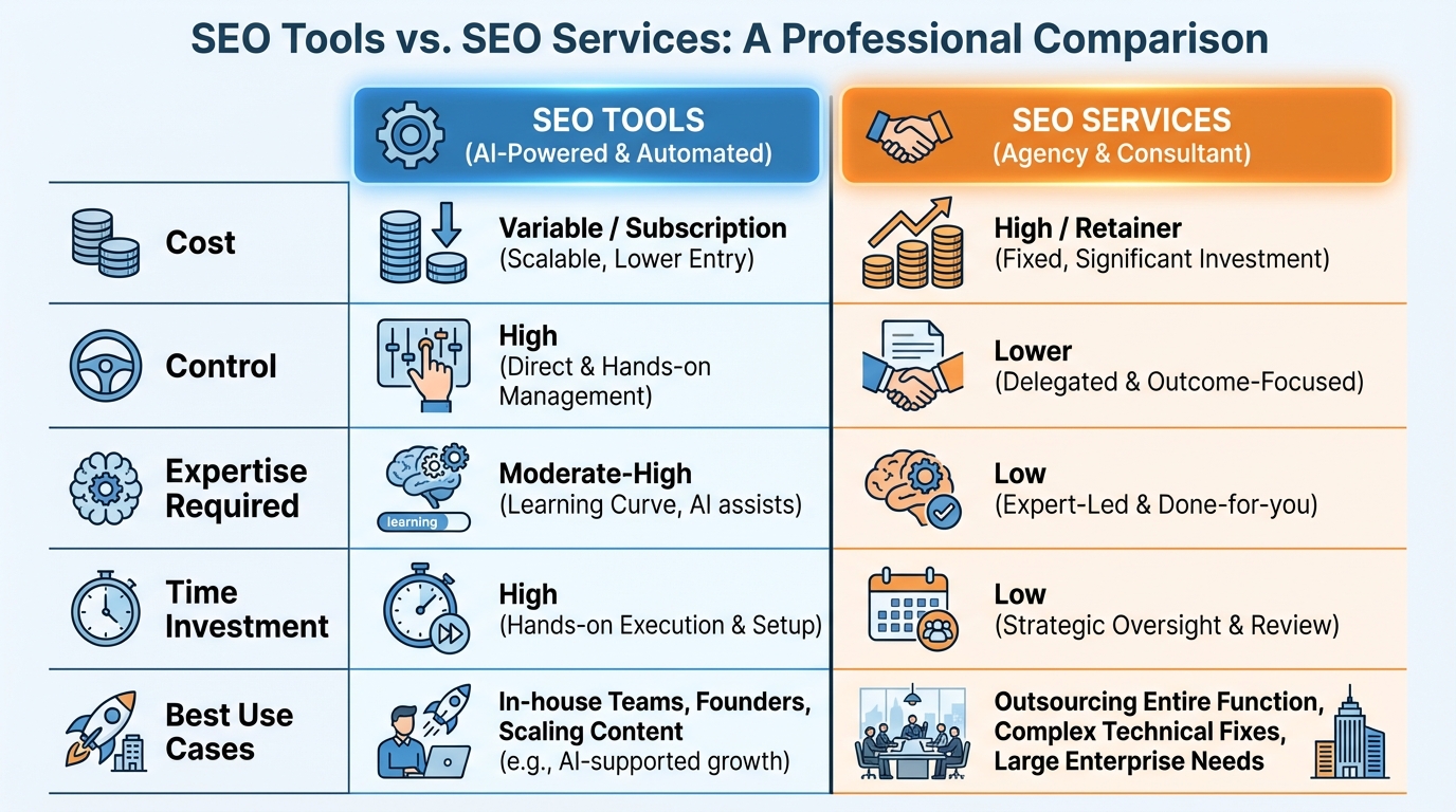 Comparison table showing SEO Tools vs SEO Services with rows for cost, control, expertise required, time investment, and best use cases