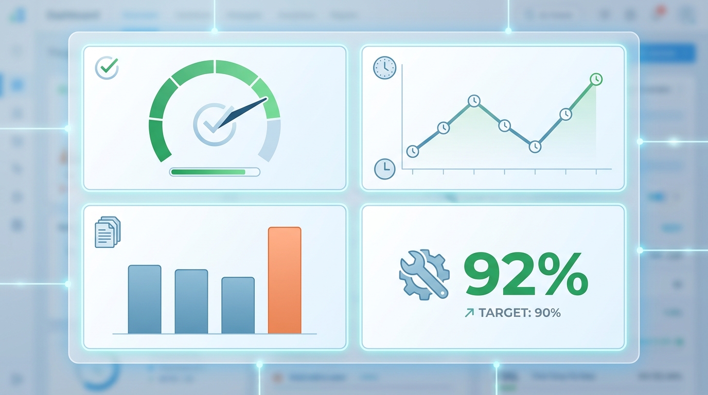 Dashboard-style visualization showing sample KPI metrics with icons (completion rate gauge, MTTR timeline, backlog bar chart, first-time fix rate percentage)