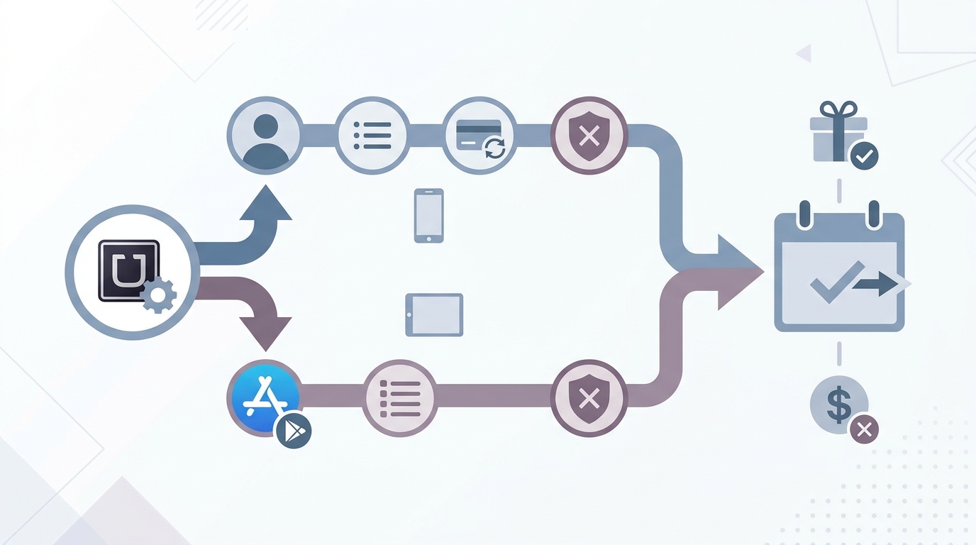 Flowchart diagram illustrating the cancellation decision path (in-app vs. App Store/Google Play) and what happens to benefits during the remaining billing cycle