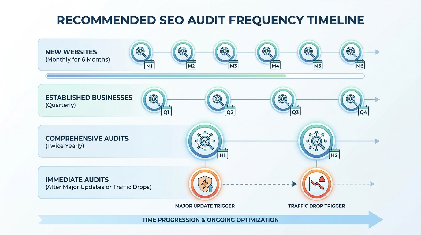Timeline infographic showing recommended SEO audit frequency: New websites (monthly for 6 months), Established businesses (quarterly), Comprehensive audits (twice yearly), and Immediate audits (after major updates or traffic drops)