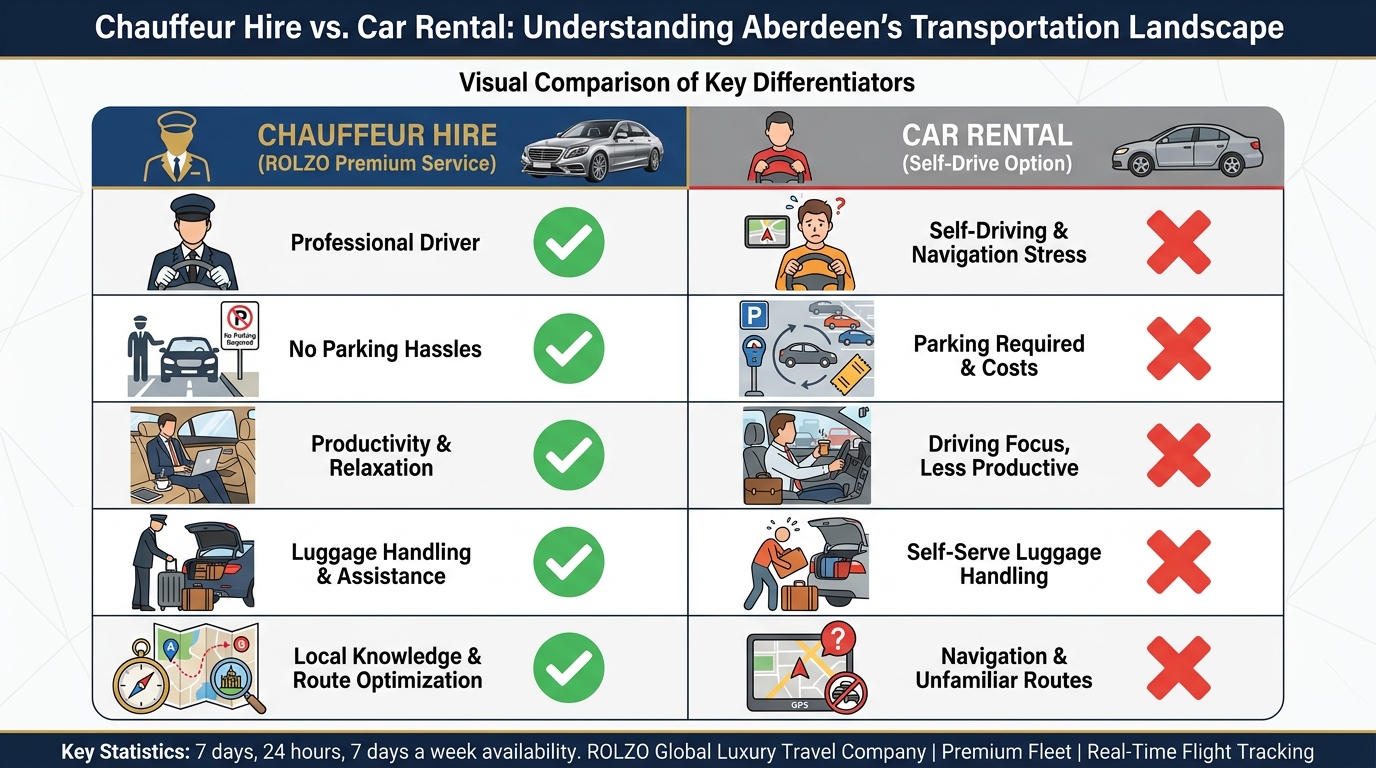Side-by-side comparison infographic showing 'Chauffeur Hire' vs 'Car Rental' with icons representing key differentiators: professional driver, no parking hassles, productivity, luggage handling, local knowledge, vs self-driving, parking required, navigation stress