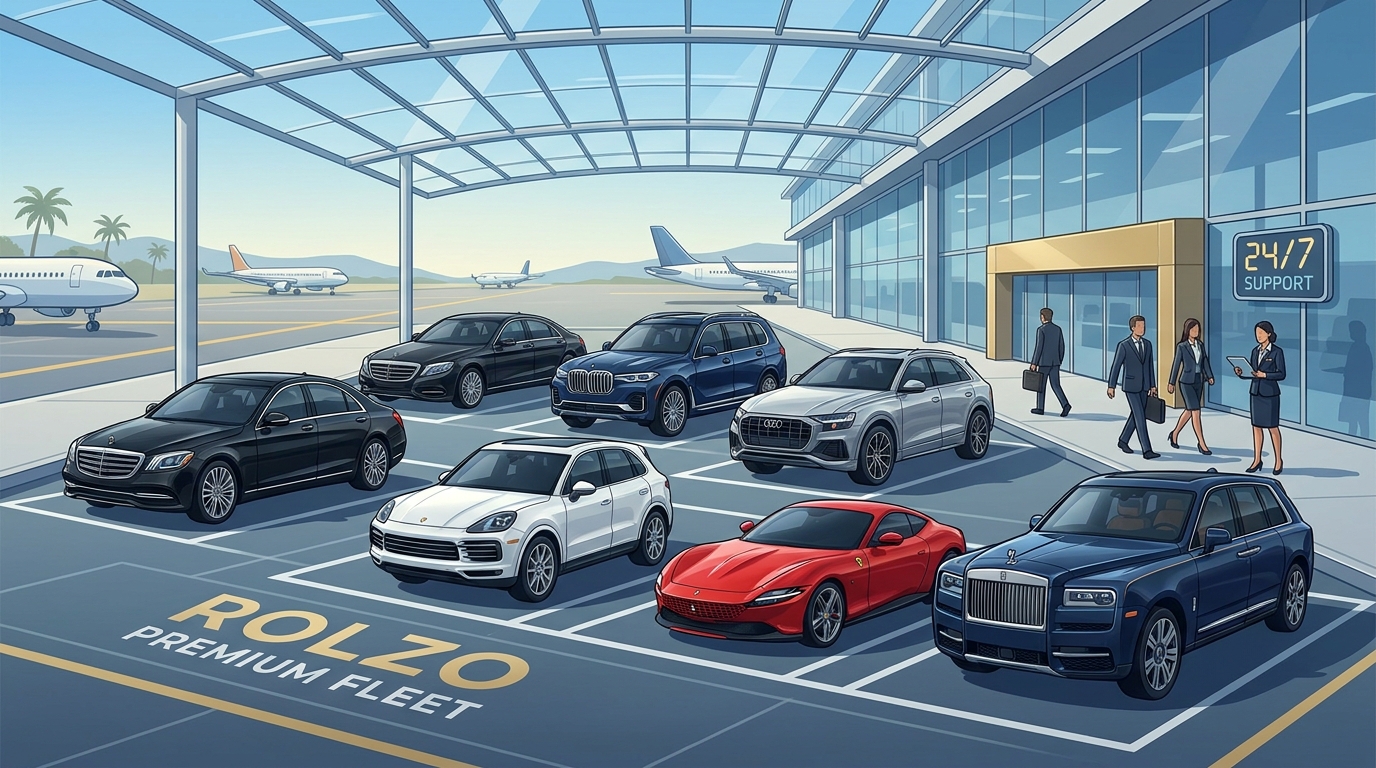 Showcase grid of premium and luxury vehicle brands available through ROLZO including Mercedes-Benz, BMW, Audi, Porsche, Range Rover, and elite marques like Ferrari and Rolls-Royce