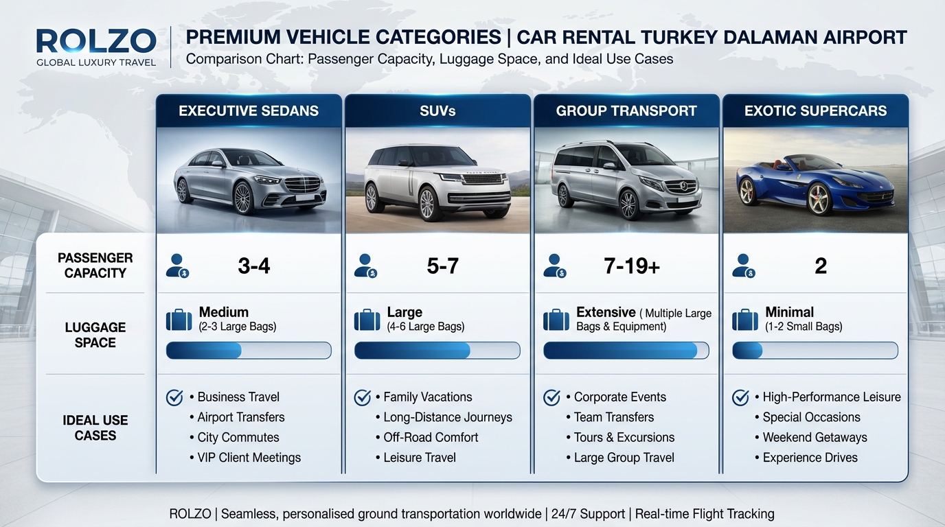 Comparison chart or visual showing different vehicle categories (Executive Sedans, SUVs, Group Transport, Exotic Supercars) with passenger capacity, luggage space, and ideal use cases