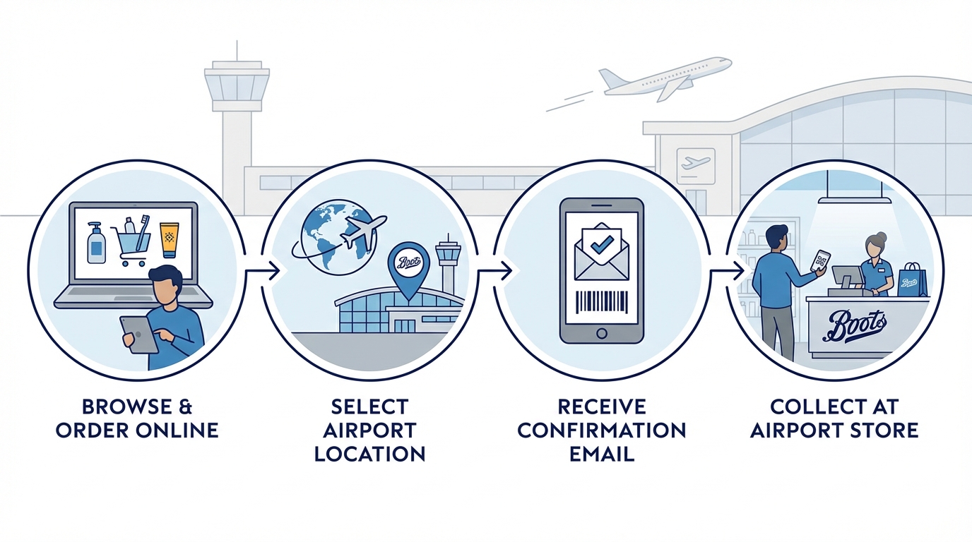 Step-by-step infographic showing the Boots click and collect process: 1) Browse and order online, 2) Select airport location, 3) Receive confirmation email, 4) Collect at airport store with code