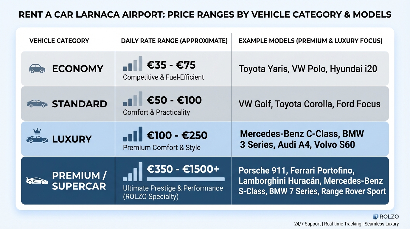 Comparison table showing rental car price ranges by vehicle category (Economy, Standard, Luxury, Premium/Supercar) with daily rate ranges and example models
