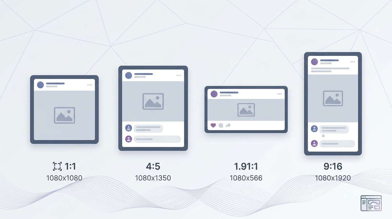 Visual diagram showing the different Instagram post formats side by side: square (1080x1080), portrait (1080x1350), landscape (1080x566), and Stories/Reels (1080x1920), with labeled dimensions and aspect ratios