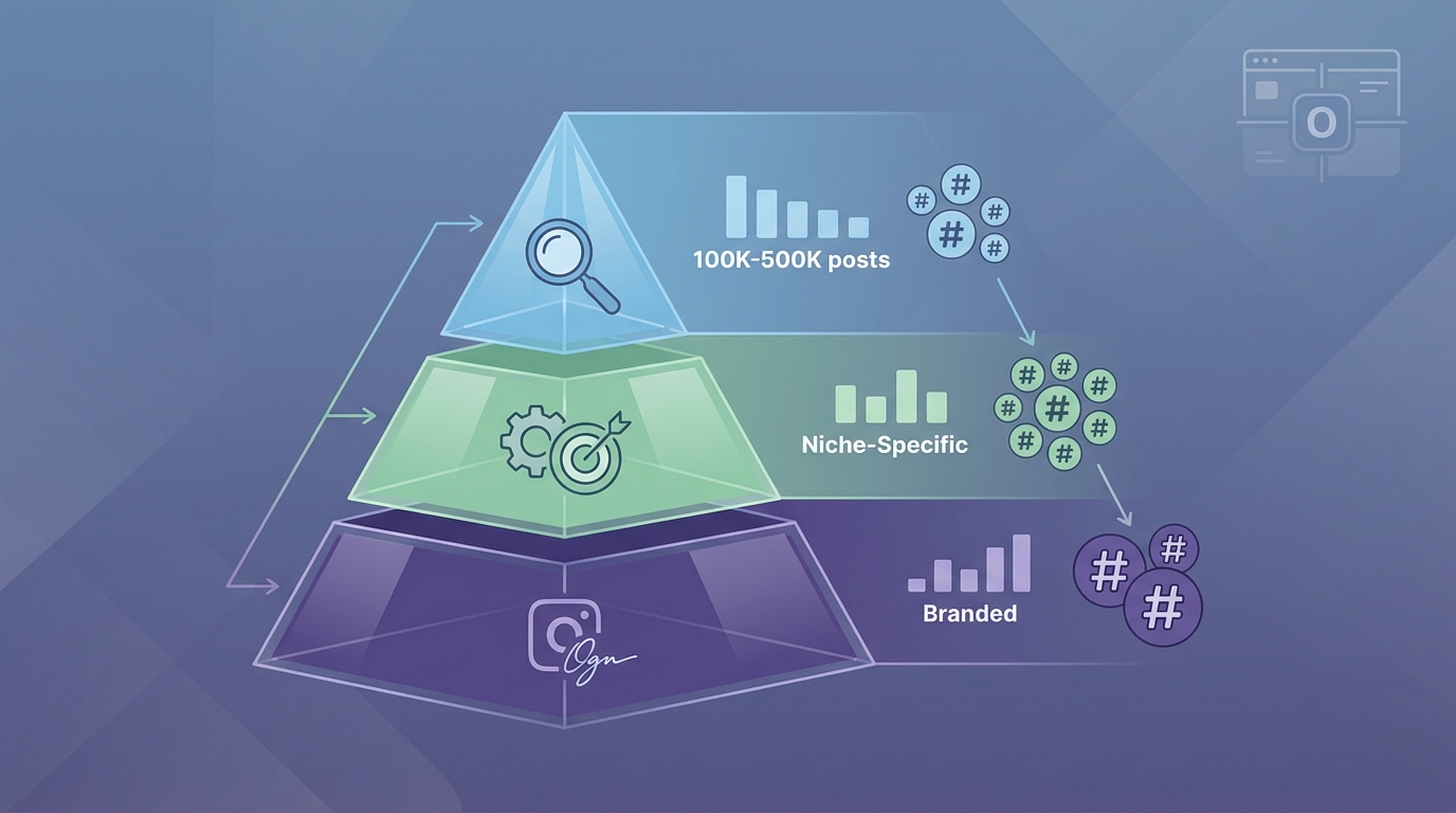 Visual diagram showing hashtag strategy pyramid with three tiers: popular hashtags (100K-500K posts) at top, niche-specific hashtags in middle, and branded hashtags at bottom, with recommended quantities for each tier