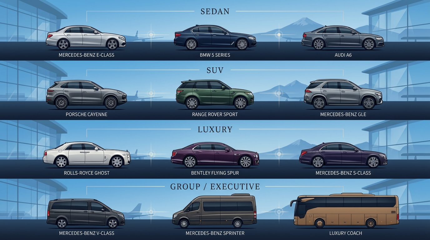 Visual gallery or grid showcasing the premium ROLZO fleet options — Mercedes-Benz, BMW, Audi, Porsche, Range Rover, Rolls-Royce, Mercedes-Benz V-Class, and Sprinter — with labels indicating sedan, SUV, luxury, and group/executive categories