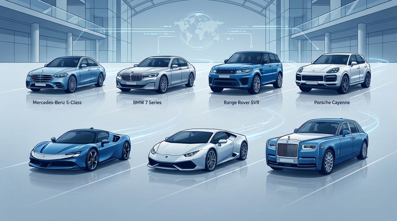 Grid showcase of ROLZO's elite fleet featuring Mercedes-Benz S-Class, BMW 7 Series, Range Rover SVR, Porsche Cayenne, and supercars (Ferrari, Lamborghini, Rolls-Royce)