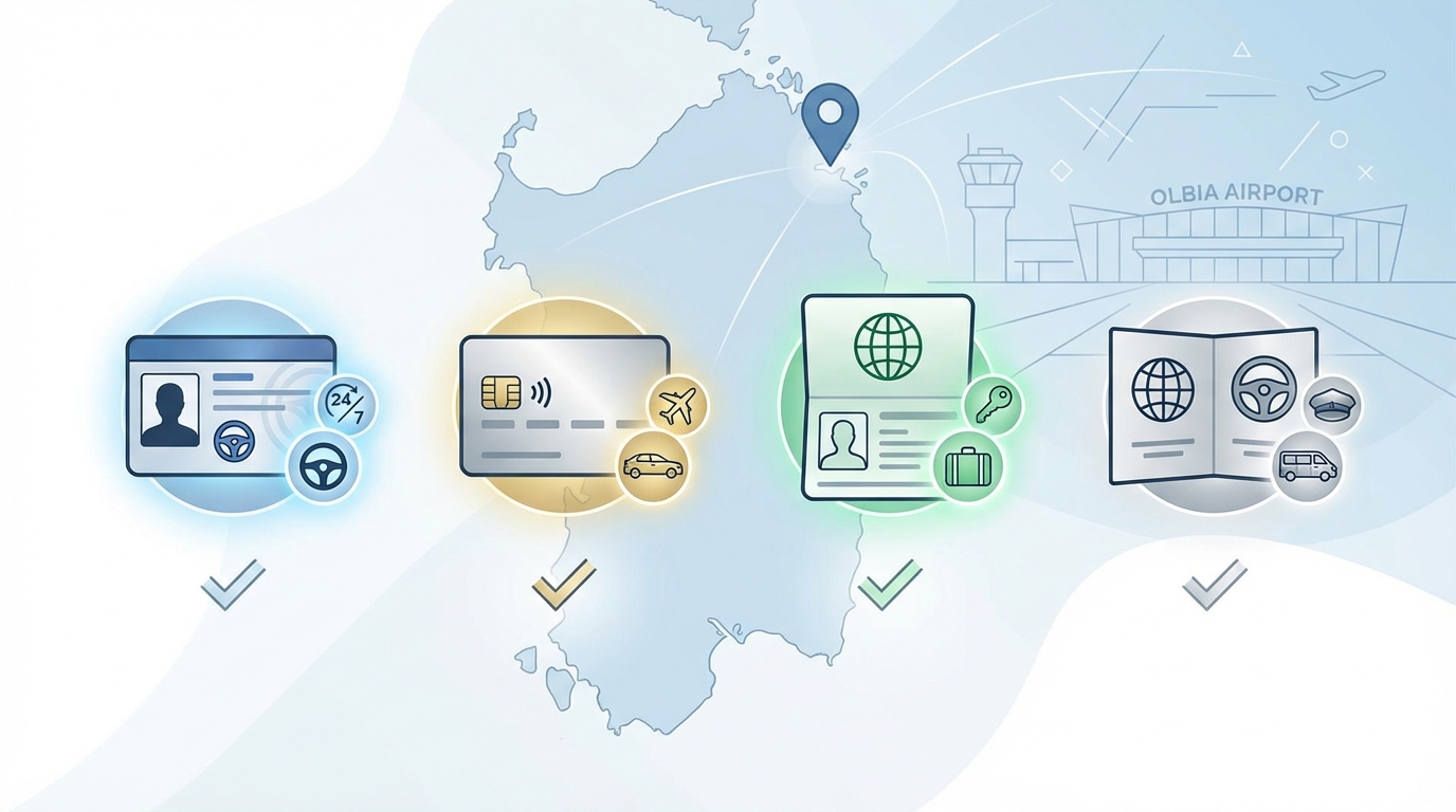 Infographic showing the required documents for car rental: driver's license, credit card, passport/ID, and International Driving Permit with simple icons