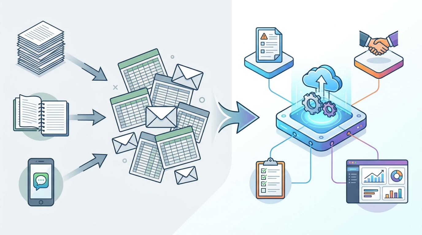 Diagram showing the transformation from manual systems (spreadsheets, WhatsApp) to integrated lean operations platform with connected modules for incident management, supplier claims, corrective actions, and KPI dashboards