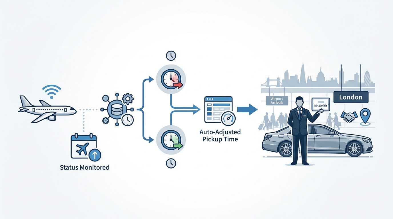 Diagram illustrating the real-time flight tracking workflow: flight status monitored, pickup time auto-adjusted for delays/early arrivals, driver waiting at arrivals with a name sign