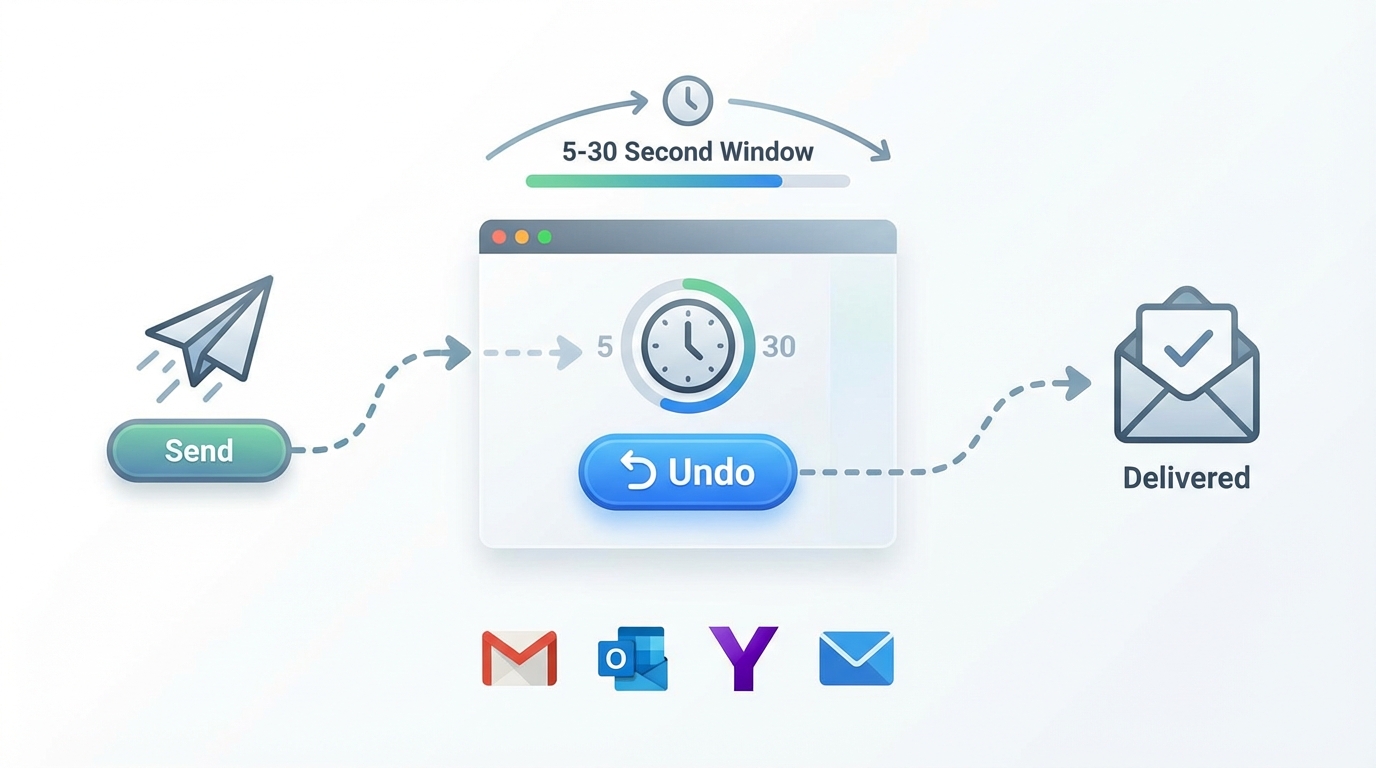 Timeline diagram showing the Undo Send window (5-30 seconds) with visual indicators of when withdrawal is possible versus when email is permanently delivered, including icons for different email providers (Gmail, Hotmail, Yahoo, etc.) to show cross-platform compatibility