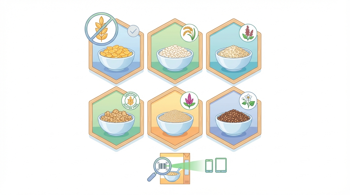 Visual grid or collection showing various gluten-free breakfast cereal alternatives including rice cereals, quinoa flakes, certified gluten-free oats, amaranth puffs, and buckwheat cereals with icons or product images