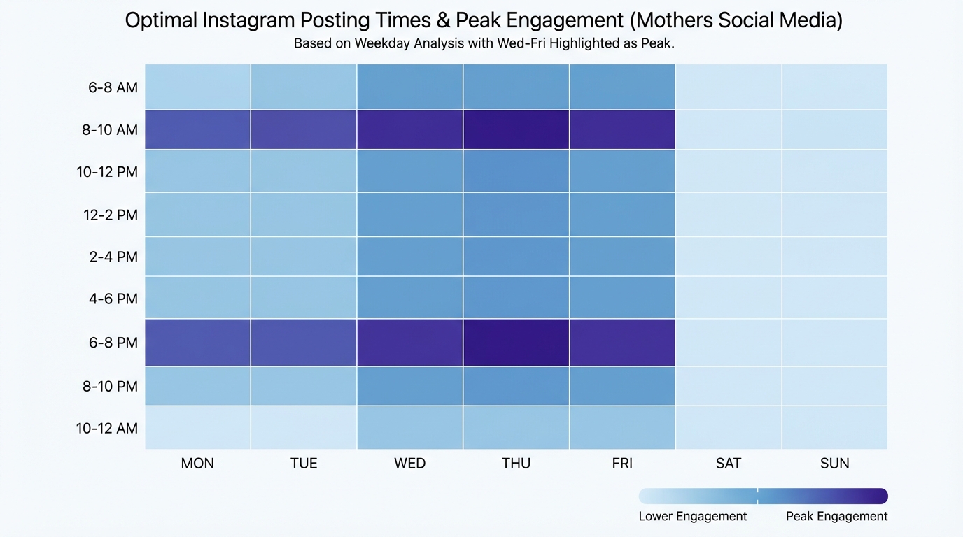 Timeline or heat map visualization showing optimal Instagram posting times (8-10 AM and 7-9 PM on weekdays, with Wednesday-Friday highlighted as peak engagement days)