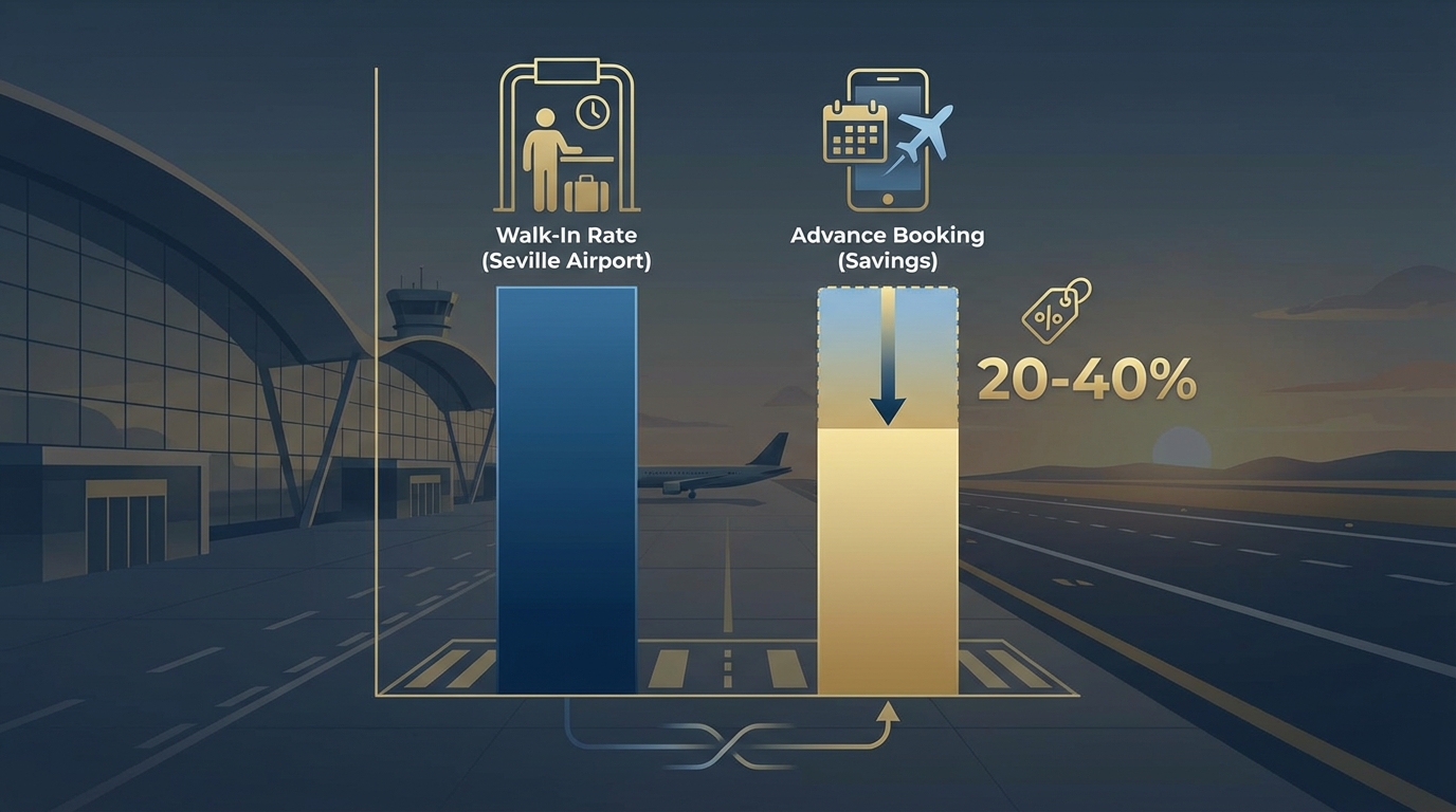 Bar chart or infographic comparing advance booking savings (20-40% cost reduction) versus walk-in rates at Seville Airport