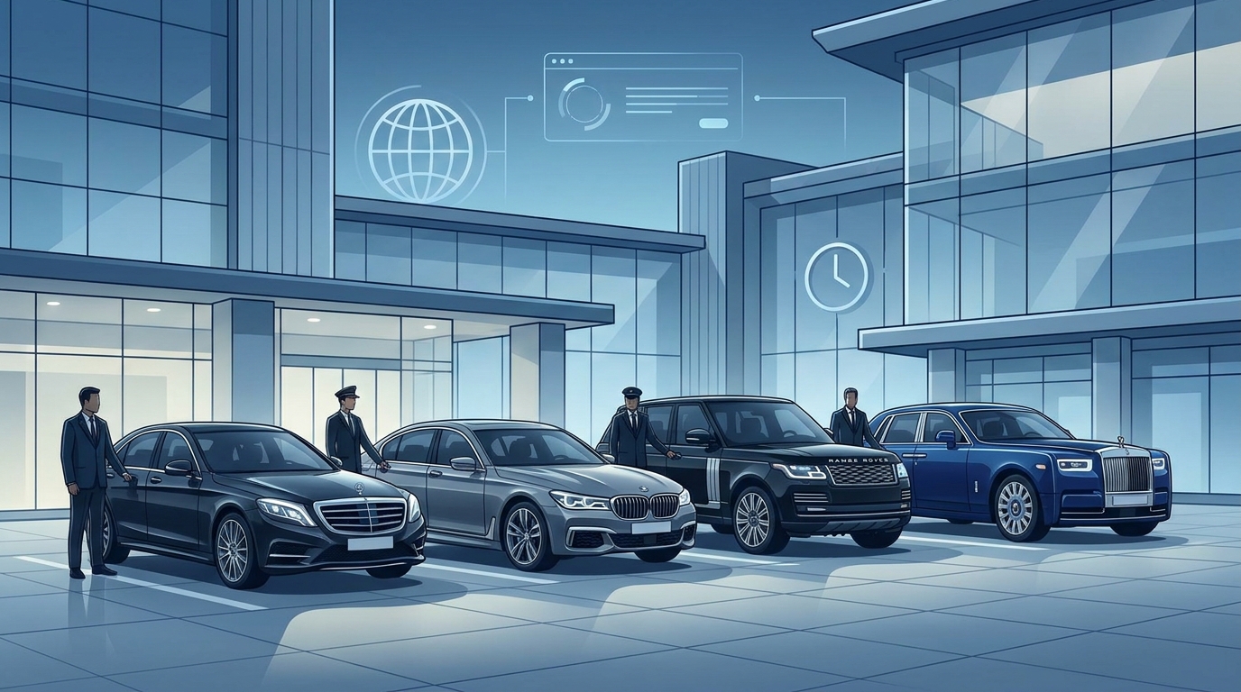 A visual lineup of premium fleet vehicles available for hire — Mercedes-Benz S-Class, BMW 7 Series, Range Rover, and Rolls-Royce — showcasing the luxury vehicle options for executive and VIP travel.