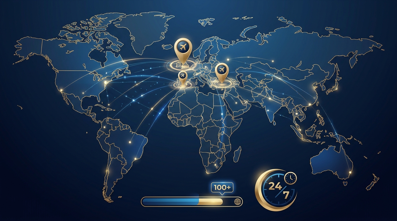 World map or infographic highlighting ROLZO's global reach across 100+ countries, with pins marking featured airports such as Manchester, Alicante, and Sabiha Gökçen, emphasizing international coverage and availability.