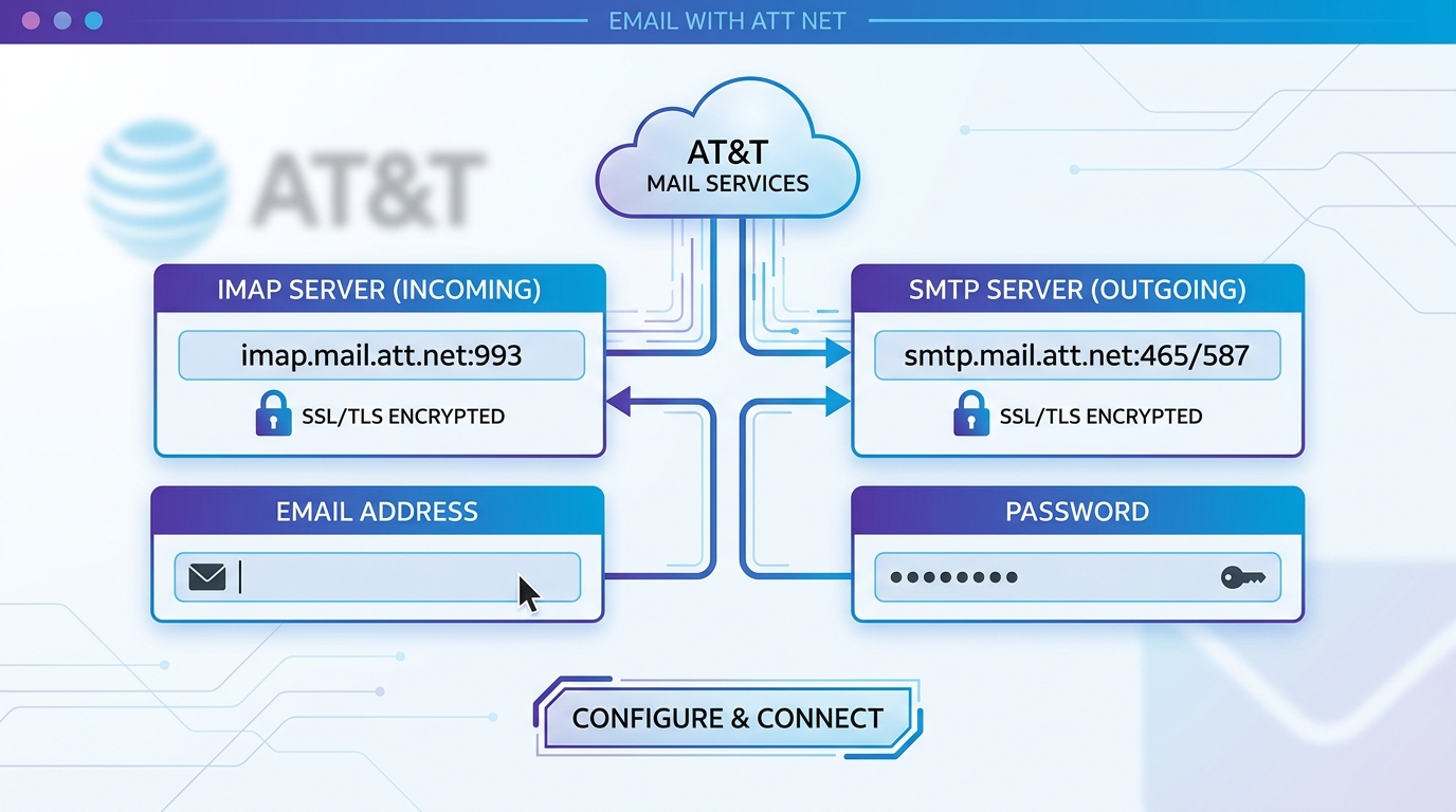 Diagram showing email client configuration settings with labeled boxes for IMAP server (imap.mail.att.net:993), SMTP server (smtp.mail.att.net:465/587), SSL/TLS indicators, and email/password fields