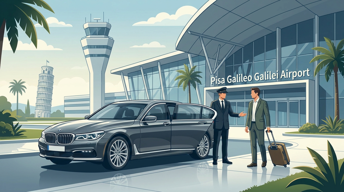 A hero image showing a luxury chauffeur service arrival at Pisa's Galileo Galilei Airport, with a premium Mercedes-Benz or BMW parked near the terminal and a professional driver greeting a traveller
