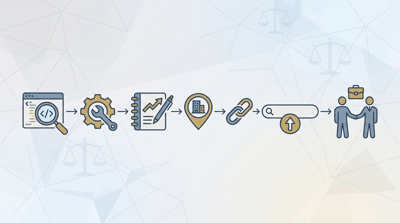 Process flowchart or diagram illustrating the SEO optimization workflow for law firms: on-page optimization → technical SEO → content strategies → local citations → backlinks → higher rankings → qualified leads