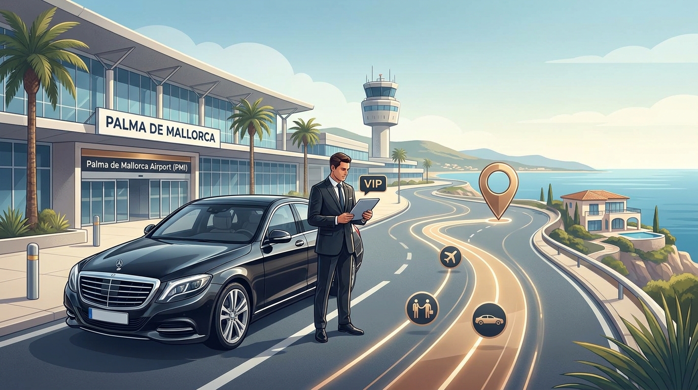 Illustration depicting the seamless door-to-door chauffeur experience with VIP Meet & Greet at Palma de Mallorca airport
