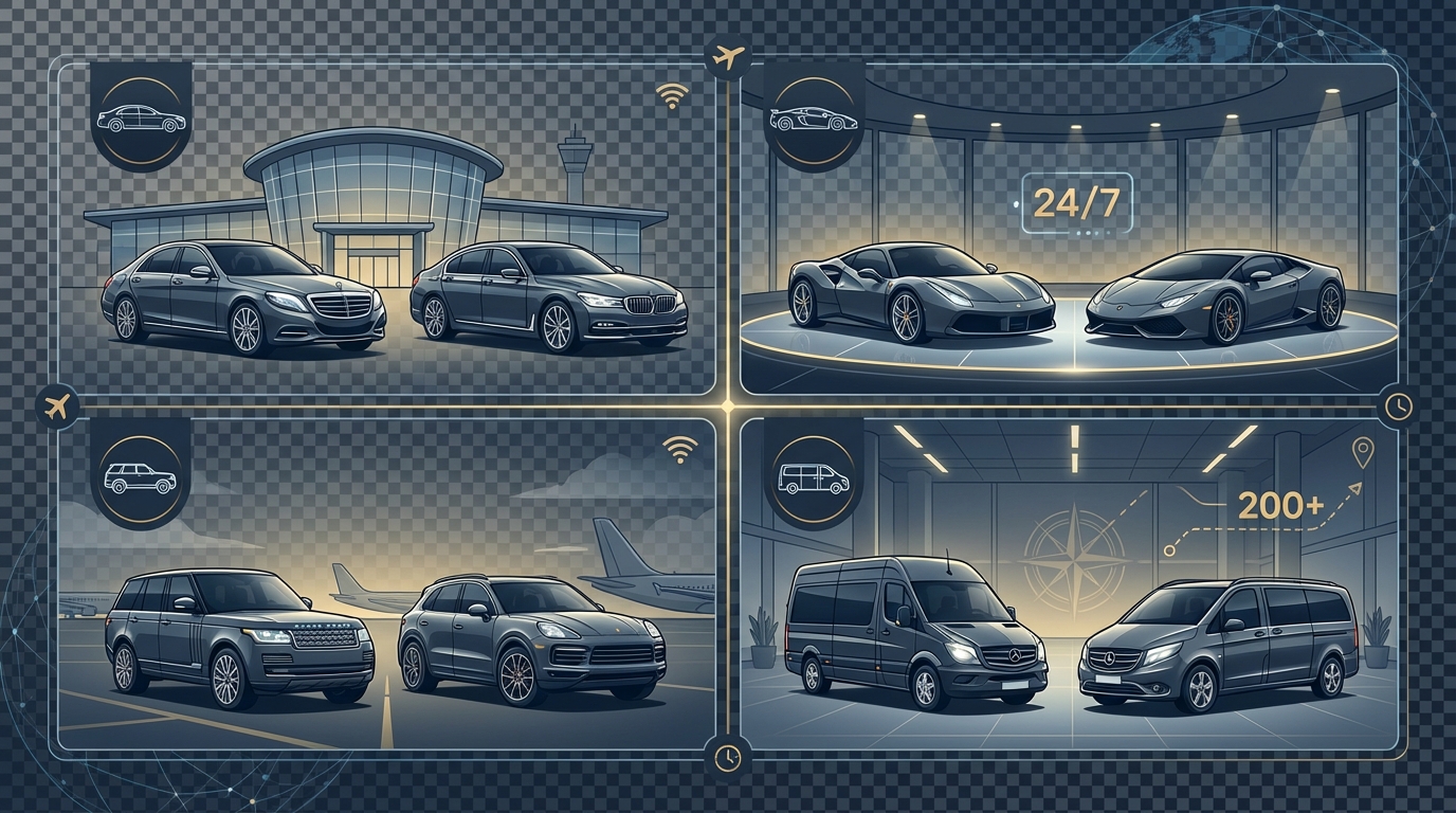 Visual showcase grid displaying luxury vehicle categories with representative images: executive sedans (Mercedes S-Class, BMW 7 Series), luxury SUVs (Range Rover, Porsche Cayenne), supercars (Ferrari, Lamborghini), and group vehicles (Mercedes Sprinter, V-Class)