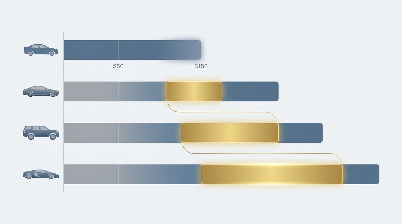 Bar chart comparing daily pricing ranges across vehicle categories: standard sedans ($50-$150/day), luxury sedans, SUVs, and chauffeur-driven supercars, highlighting ROLZO's transparent all-inclusive rates