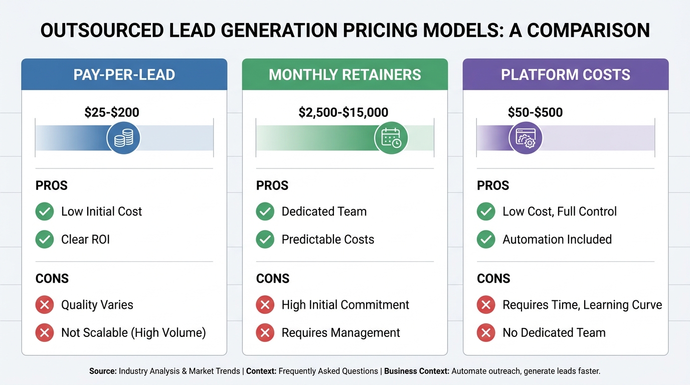 Comparison table showing pricing models: pay-per-lead ($25-$200), monthly retainers ($2,500-$15,000), and platform costs ($50-$500), with pros/cons for each model