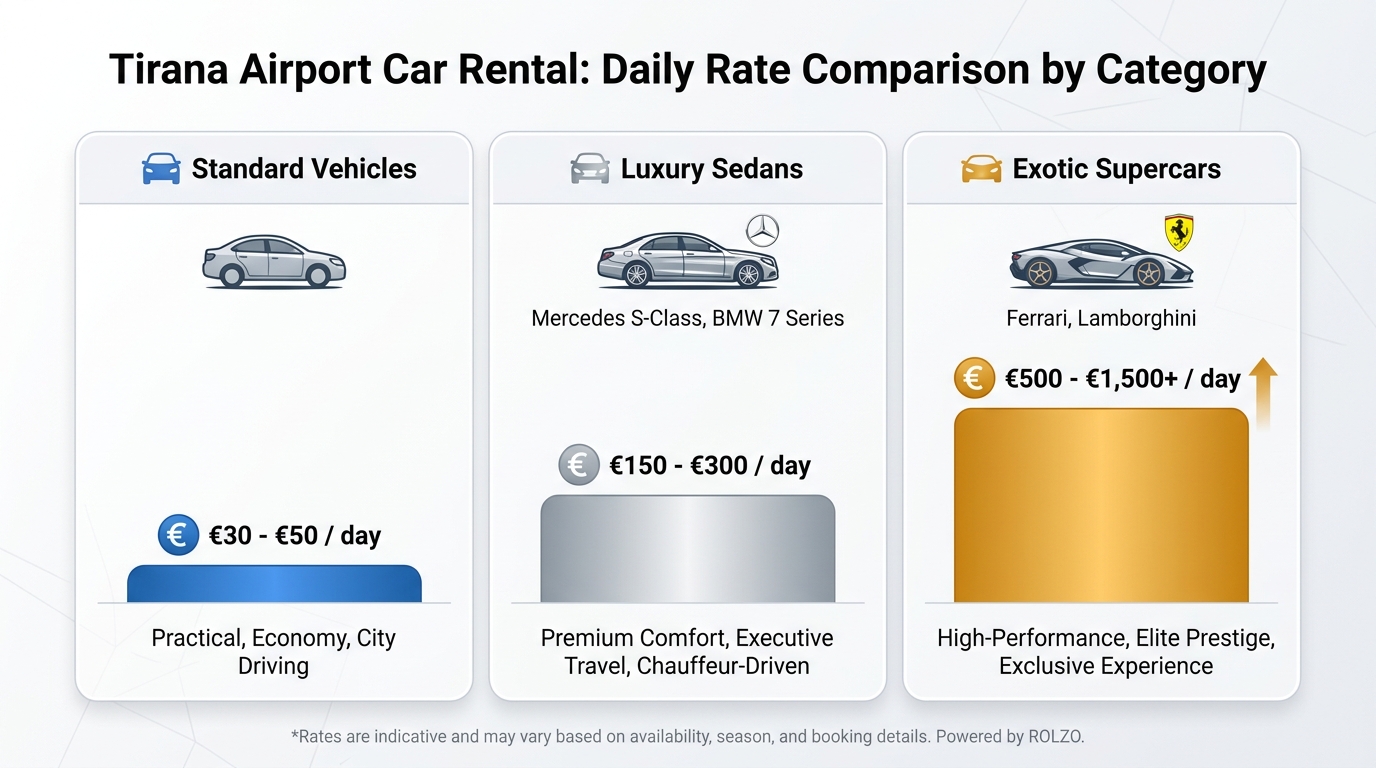 Comparison table showing daily rental rates across vehicle categories: Standard vehicles (€30-50), Luxury sedans like Mercedes S-Class/BMW 7 Series (€150-300), and Exotic supercars like Ferrari/Lamborghini (€500-1,500+)
